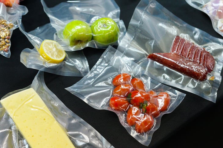 Vacuum sealed vegetables, tomato, cheese, meat, lemon, apple
