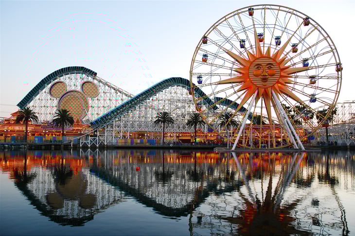 rides Paradise Pier Anaheim California reflected lake
